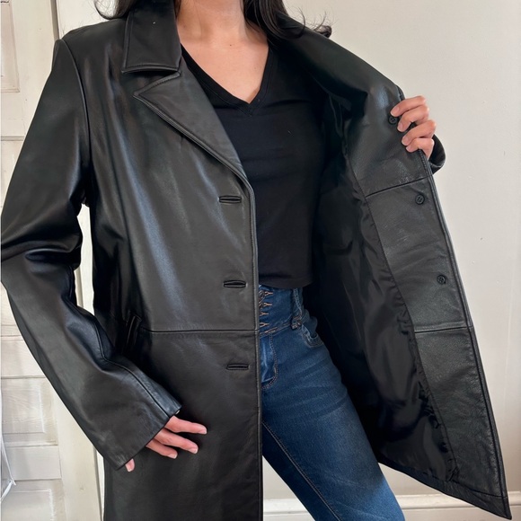 Vintage/Y2K Womens Black Leather Midi Button Up Jacket - Size Large - Picture 3 of 14